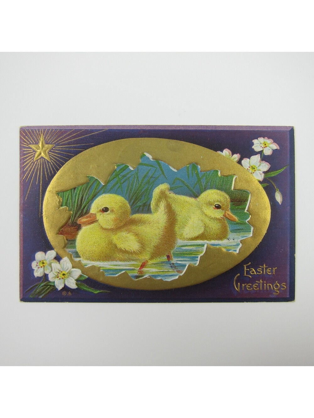 Easter Postcard Yellow Chicks Swim Flowers Purple Gold Embossed Antique 1911